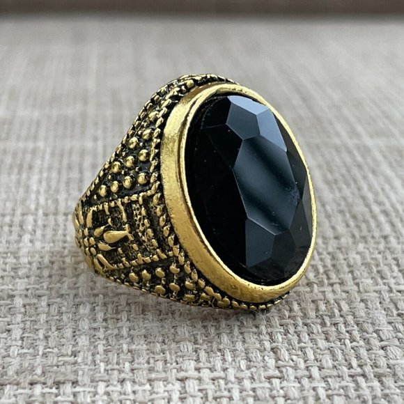 Fashion Men Rings Black Crystal Gold Tone Fancy Ring Jewelry Unisex Size 8 - Picture 6 of 11